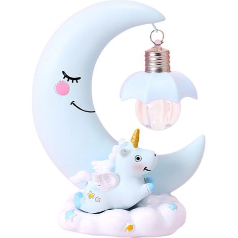 Veilleuse Licorne Lune Lampe de Nuit LED Décorative en Résine Figurine Licorne Mignonne Ornement Créatif pour Chevet Centre de Table Adaptée pour Cham, Bleu (1/5)