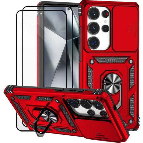 Coque pour Samsung Galaxy S25 Ultra avec Verre TrempéLentille Coulissante Couverture Support d’Anneau Rotatif Armor Silicone Étui Antichoc Bumper- Rouge (1/5)