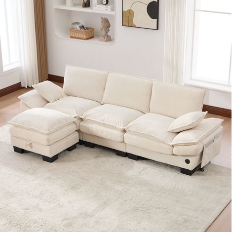Sofá modular 3 plazas 260x132x84 cm beige en pana con otomana, USB-C y bolsillos laterales (1/5)