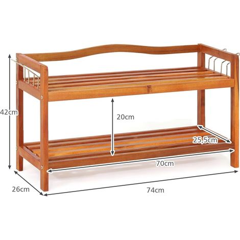 Étagère à Chaussures à 2 Niveaux 10 Paires, Porte-Chaussures en Bois d'Acacia avec Crochets Métalliques Latéraux, pour Entrée, Salon, Chambre (1/5)