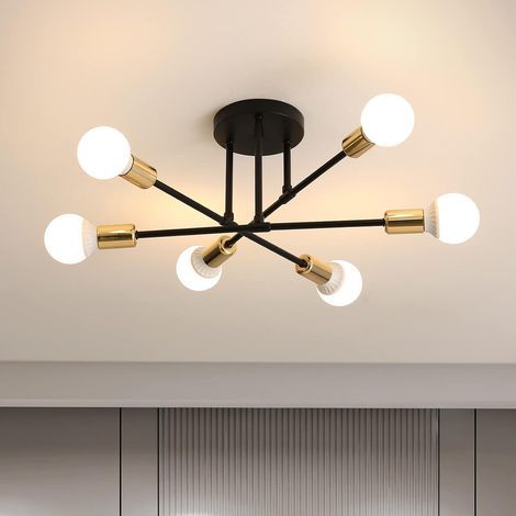Lampadario industriale vintage in metallo con 6 luci, attacco E27, adatto per soggiorno, camera da letto, cucina, ecc., nero e oro, lampadina non inclusa. (1/5)