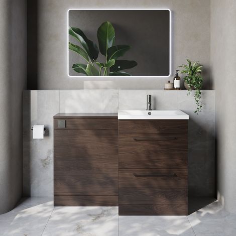 Napoli 460 Cento Brown Oak 1200mm 2 Drawer Vanity Unit Toilet Suite with Glide Basin - 1200mm - Gunmetal Grey 320mm HandleWithout Kingston Toilet Pan