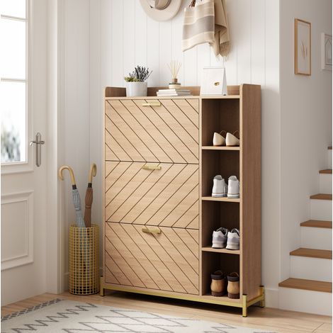 Schuhschrank 90 x 24 x 119 cm aus MDF in Natur, 3 Klappen, platzsparend – MEUBLIV (1/5)