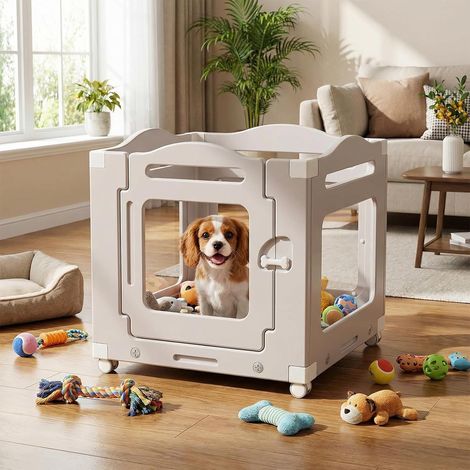 Parc pour Chiot Acrylique 63×68 cm, Enclos pour Chien avec Roues Parc Chien Interieur 64 cm, 3+1 PCS Panneaux Caisse Mise Bas pour Chiots avec Tapis Imperméable et Plaque Base, Gris Chaud (1/5)
