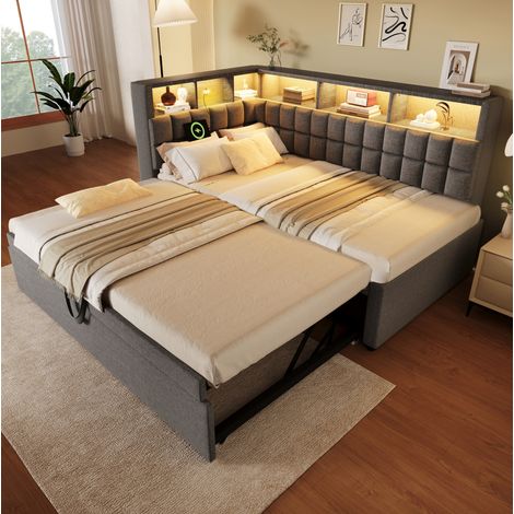 Cama nido 90x200 cm gris en lino y algodón con LED, altavoz Bluetooth y puertos USB (1/5)