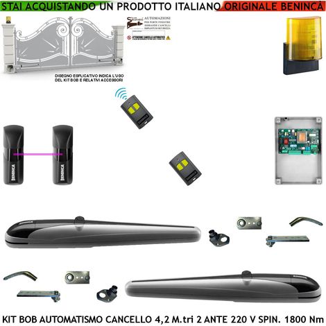 Kit BOB Automatismo Cancello 4,2 Metri 2 Ante Motori Elettromeccanici 230 V Corsa 325 mm Spinta 1800 Nm Sblocco a Chive Staffe Fissaggio 2 Radiocomandi Coppia Fotocellule Lampeggiante Led con Antenna (1/4)