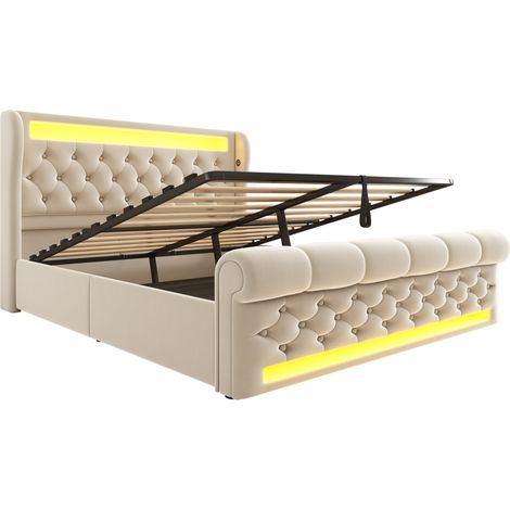 Cama canapé tapizada 140 x 200 cm de terciopelo beige con LED, USB y Type-C, colchón incluido (1/5)