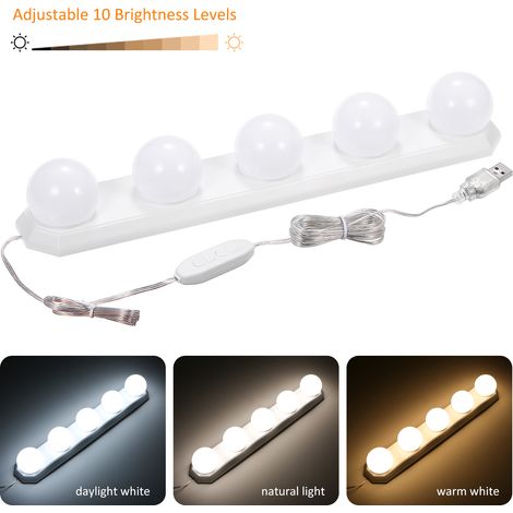 Espejo portátil con iluminación LED, 5 bombillas, función de carga USB, brillo ajustable y 3 modos de color, ideal para maquillarse y para usar en el baño. (1/5)
