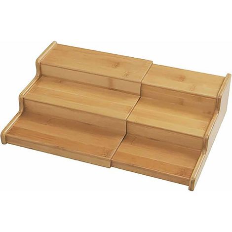 1 étagère de cuisine à 3 niveaux en bambou, extensible, avec support à épices et présentoir pour placards (1/5)