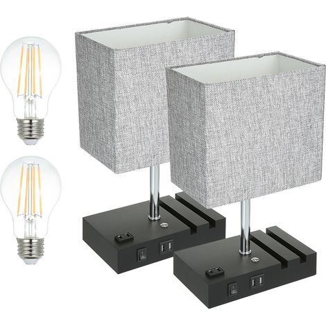 Lampe de chevet tactile LNEO184US-2 2pcs dimmable avec ports USB et prise, métal tissu lumière chaude pour bureau chambre (1/3)