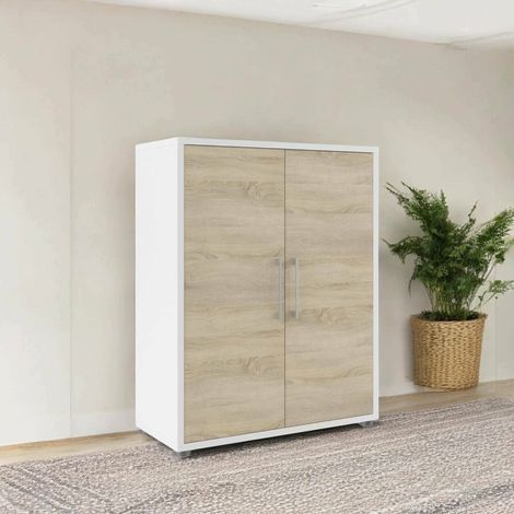 Dmora - Aparador Warszawa, Bufé de salón, Aparador de salón, Despensa de cocina, 89x40 h113 cm, Blanco y Roble (1/3)