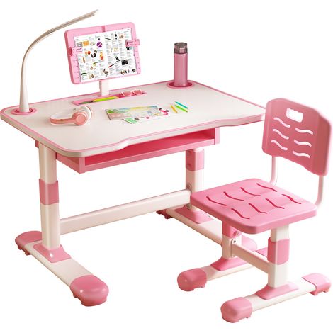 Ensemble bureau et chaise pour enfants,Hauteur réglable,Avec support de lecture inclinable et lampe de bureau LED,73×70×46cm(Rose).