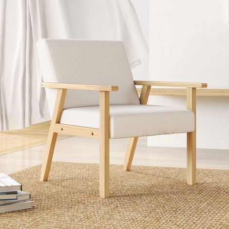 Chaise de Salle à Manger 64 x 70 x 72 cm accoudoirs aspect lin cadre en bois massif couleur blanc crème siège rembourré (1/5)