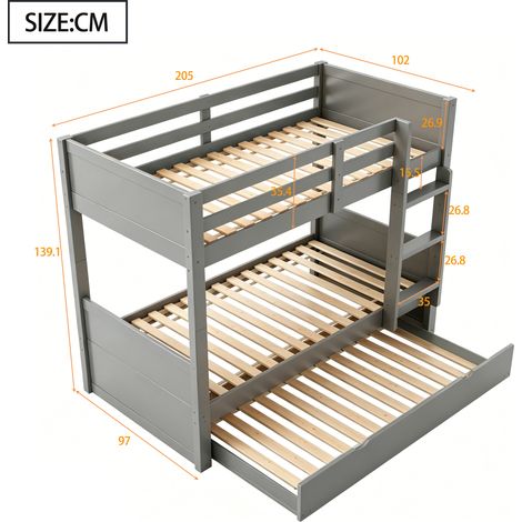 Lit superposé en bois 90x200 cm avec tiroir coulissant, convertible en lit simple, barrière de sécurité, échelle et sommier inclus, gris (1/5)