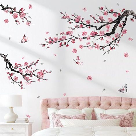 Sticker mural branche de fleur de prunier rose, sticker mural décoratif papillon fleur tombante, adapté à la chambre denfant,chambre à coucher,salon-DOU