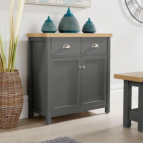 Sideboard 2 Door 2 Drawer Dark Grey Storage Cupboard Shelf 36mm Oak Top