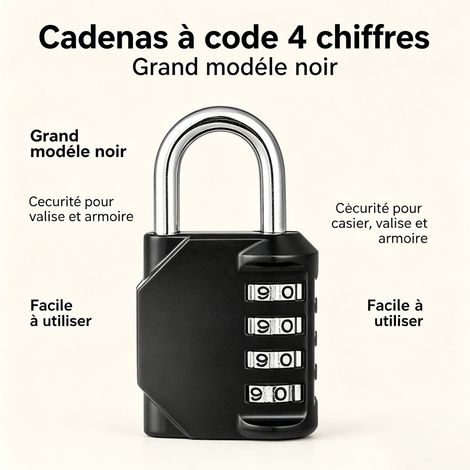 Kit 2 cadenas à combinaison 4 chiffres noirs, grand cadenas à code, antivol pratique pour casier, armoire, valise, cadenas de voyage - Noir (1/5)