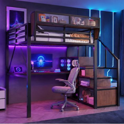 Lit mezzanine 140x200 cm avec LED, bureau 2 m et prise, étagère modulable, échelle sécurisée, métal noir (1/5)