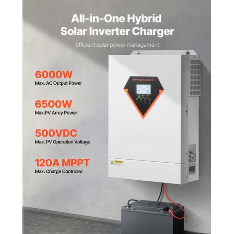 Onduleur solaire hybride 6000W tout-en-un chargeur pur sinus 48V DC 220/230V AC monophasé régulateur MPPT 120A autonome batterie plomb lithium (1/5)