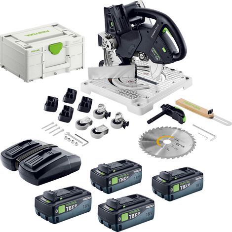 Festool SYMC 70 EB-Basic Akku Leistensäge 36 V ( 2 x 18 V ) 216 mm + 4x Akku 8,0 Ah + Doppelladegerät + Systainer