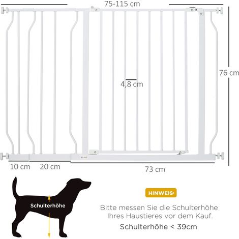 Barrière de sécurité chien à pince, longueur extensible 75-115 cm, hauteur 76 cm, acier et ABS, blanc, pour porte ou couloir (1/5)