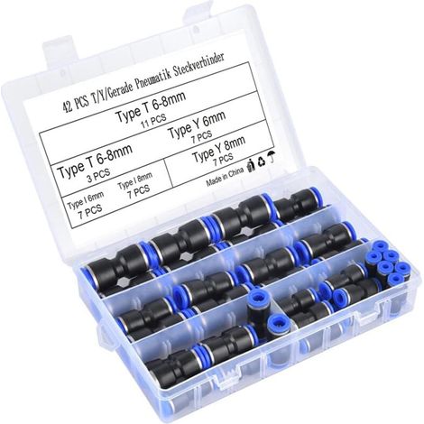 42 PCS Raccord Pneumatique T/ Y/ I Droits Type Raccord Rapide Air Comprimé - 6mm/ 8mm Raccord Compresseur - Avec Boîte (1/5)