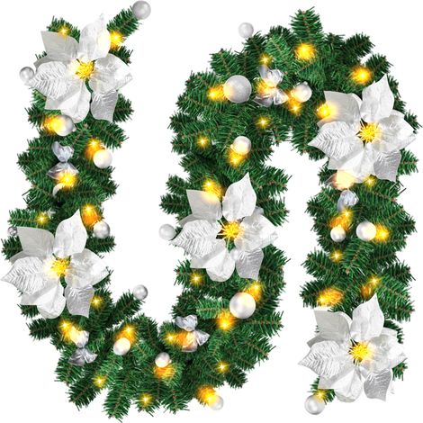 TolleTour Ghirlanda di pino artificiale 2,7 m con palline, fiori e fiocchi argentati (1/5)