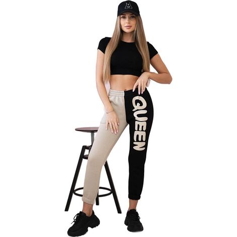 Pantaloni della tuta da donna con la scritta "queen", neri (1/3)
