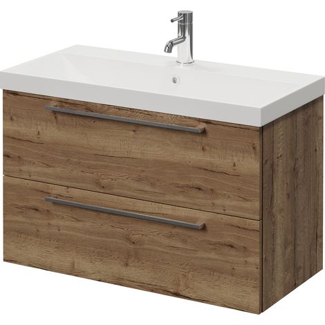 Napoli 390 Tobacco Oak 800mm Wall Mounted 2 Drawer Vanity Unit with Rimini Basin - 800mm - Chrome 480mm Handle