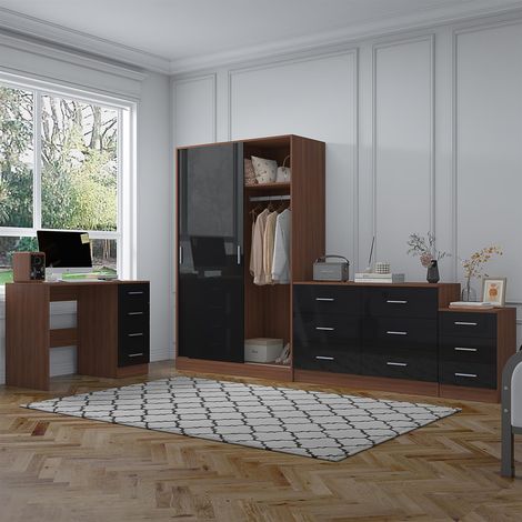 Reflect 2 Door Sliding Wardrobe, 6 Drawer Wide Chest, 3 Drawer Bedside, 4 Drawer Desk - Black Gloss & Walnut - Modern Bedroom Furniture Set (1/5)