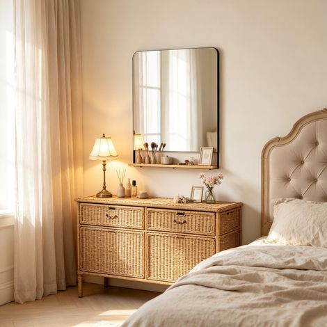Specchio da parete rettangolare 80x60 cm in vetro, metallo e legno nero con mensola – MEUBLIV (1/5)