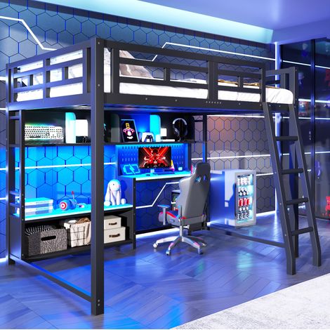 Cama alta 140x200 cm de MDF y metal negro con escritorio LED - MEUBLIV (1/5)