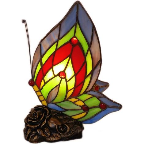 Lampe de table de style Tiffany avec motif papillon - vitrail, pied en métal vintage - convient aux chambres, aux salons et comme veilleuse au bureau. (1/4)