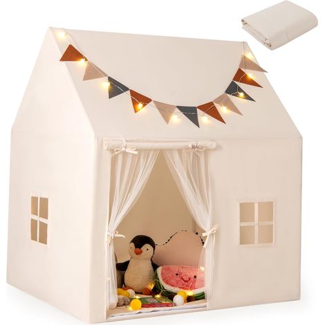 GOPLUS Tente de Jeux pour 3 Enfants, Maison de Jeu Tente avec Tapis Rembourré Lavable, Guirlande Lumineuse et Drapeaux, Cabane Enfant Intérieure vec Rideaux en Maille, pour 3+ Ans (1/5)