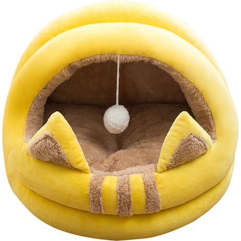 Cama para gatos, entrada con capucha, juguete de pelota de peluche, base antideslizante, lavable a máquina, para interiores (1/5)