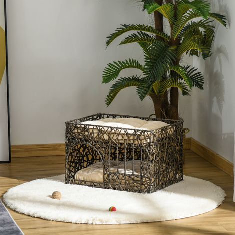 Panier en rotin 56x41x45 cm noir de 2 hauteurs, pour chats, lit de grotte pour avec coussins moelleux et fenêtre café