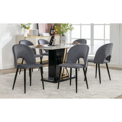 Chaises de salle à manger (Lot de 6) — Chaises rembourrées de style design, dotées de dossiers, d'assises en velours, de structures métalliques et de pieds réglables, avec un motif en losanges ornant  (1/4)