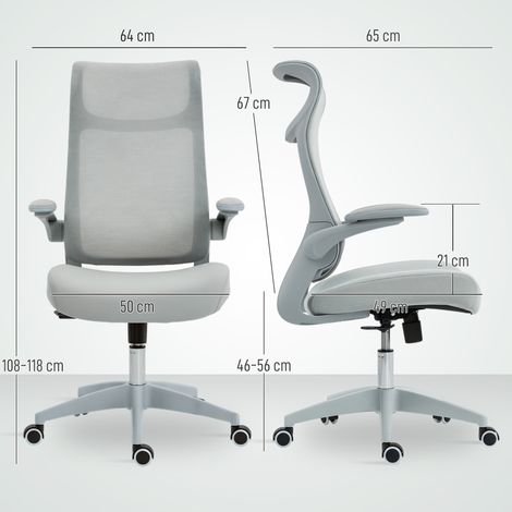 Sedia da ufficio ergonomica girevole in rete con supporto lombare, braccioli ribaltabili, poggiatesta inclinabile, grigia