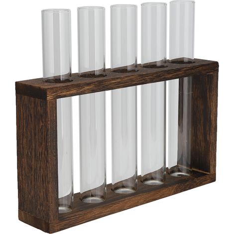 Vase tubulaire en verre de table, verre borosilicate haute densité, cadre en pin, style rétro, pour plantes hydroponiques, décoration intérieure, 5 bouteilles (1/5)