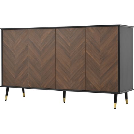 Buffet Moderne en MDF avec Motif Chevron, 4 Portes et Étagères Réglables – Noir et Bois Marron, 140x40x80 cm (1/5)