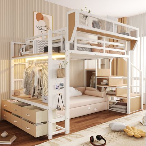 Letto a soppalco per adulti/bambini 140x200 cm con illuminazione a LED, contenitore integrato, mensole e armadio, struttura in metallo bianco (1/5)