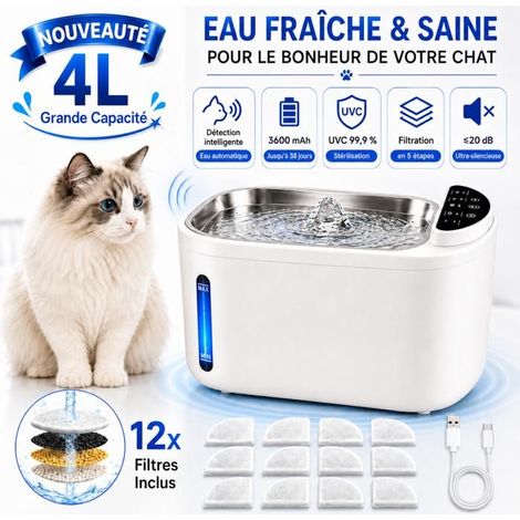 Fontaine à Eau pour Chat Intelligente, Coule à l'Approche, Filtration 5 Couches, Stérilisation UVC, Inox Silencieux 20dB, 3600mAh (1/5)