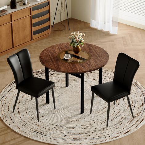 Ensemble de table à manger ronde moderne et minimaliste avec 2 chaises noires en PU, table ronde de 100 cm de diamètre en finition bois, adaptée à la salle à manger et à la cuisine.