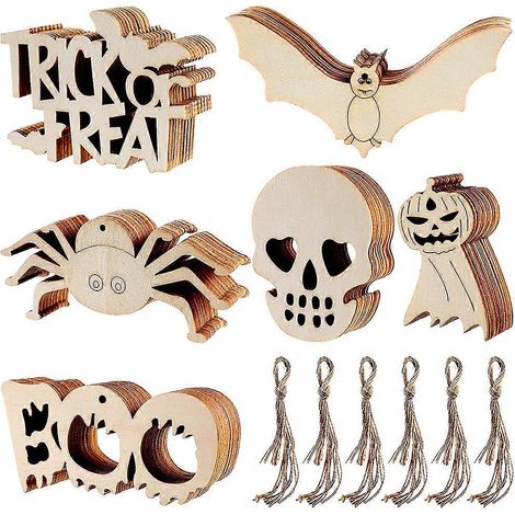 60 Stück Halloween-Holzscheiben-Anhänger mit Fledermaus-, Spinnen- und Geistermotiven zum Selbermachen (1/5)