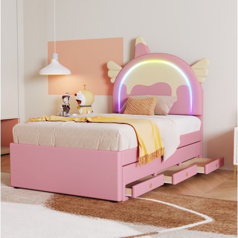 Kinderbett 90x200 cm rosa aus PU und MDF mit Einhorn-Design und ausziehbarem Rollbett (1/5)