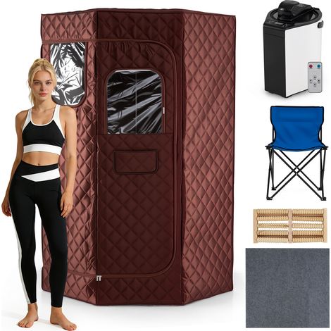 Sauna à Vapeur Portable 3L pour Maison, Tente de Sauna Pentagonale avec 9 Niveaux de Température, Télécommande, Minuterie, Tapis, 90x90x180 cm, Marron (1/5)