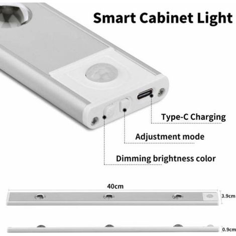 Lampe Led,40CM Lampe de Placard avec Détecteur de Mouvement,USB,Led Cuisine Sans Fil 3 Modes Éclairage et Montage Magnétique-Argent (1/4)