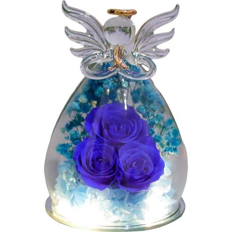 Roses éternelles sous cloche en verre, fleurs stabilisées à poser, cadeau de Noël pour maman, grand-mère, épouse, bleu glacier (1/5)