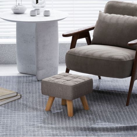 Puf reposapiés (27x27x26 cm), asiento acolchado, patas de madera de caucho, poliéster gris (1/5)
