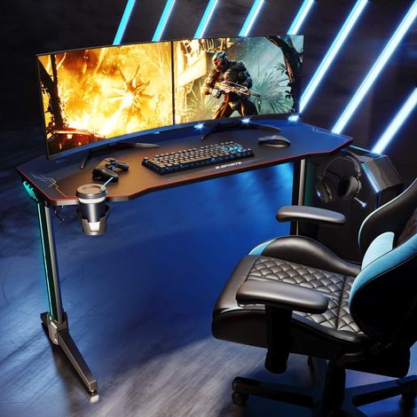 Gaming Tisch Led SONNI Gaming Schreibtisch Computertisch Schwarz mit Bechenhalter, Kopfhörerhalter und Mauspad 140x60x75cm (1/5)